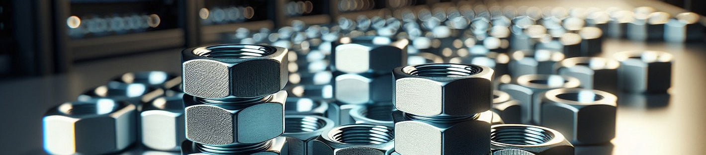 A close-up view of a collection of shiny metal cage nuts neatly arranged on a surface, with a blurred background of server racks.