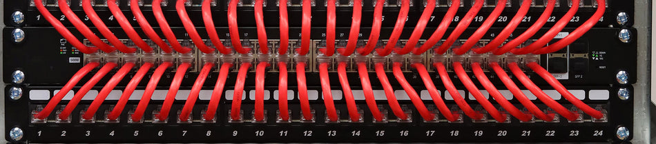 Front-facing image of a network patch panel with multiple red Ethernet cables connected to numbered ports, showcasing a neatly organized and professional network setup.