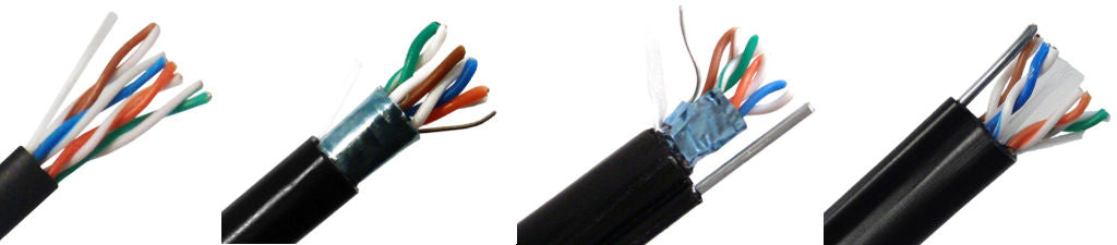 Four different outdoor rated cables showing wire, shielding and messenger wires.