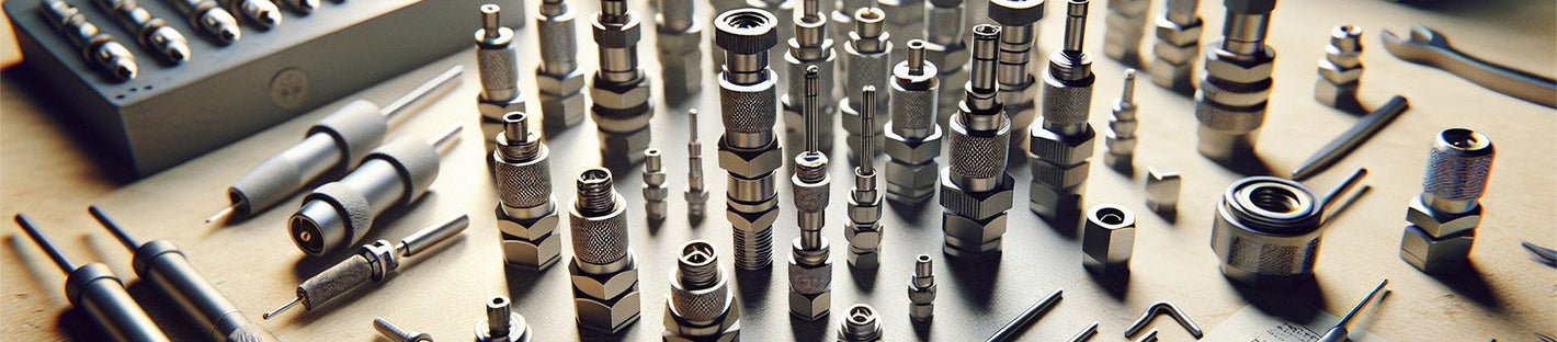 A collection of professional compression and crimping connectors for coaxial networks, displayed on a workbench.