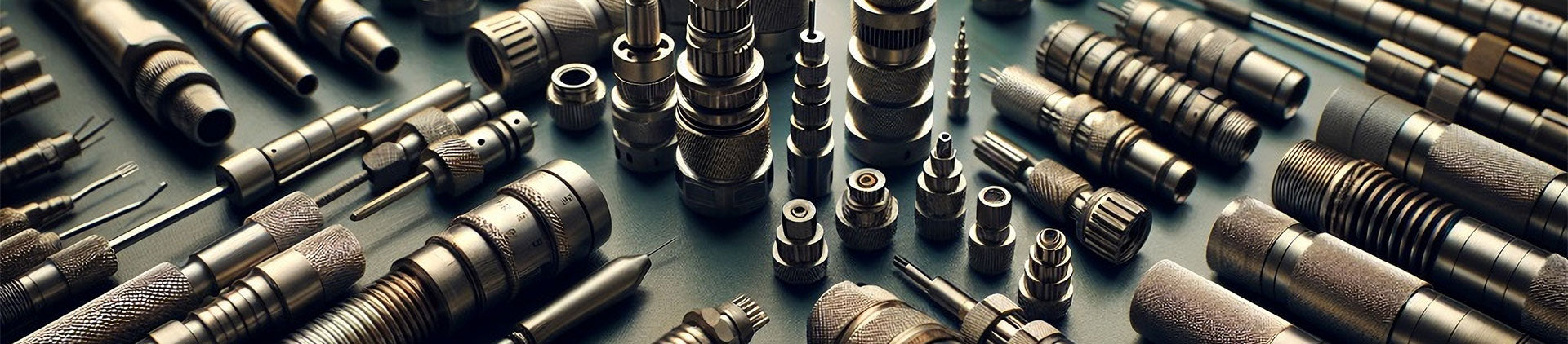 The image displays a neatly arranged assortment of metallic coring tools and precision engineering equipment.