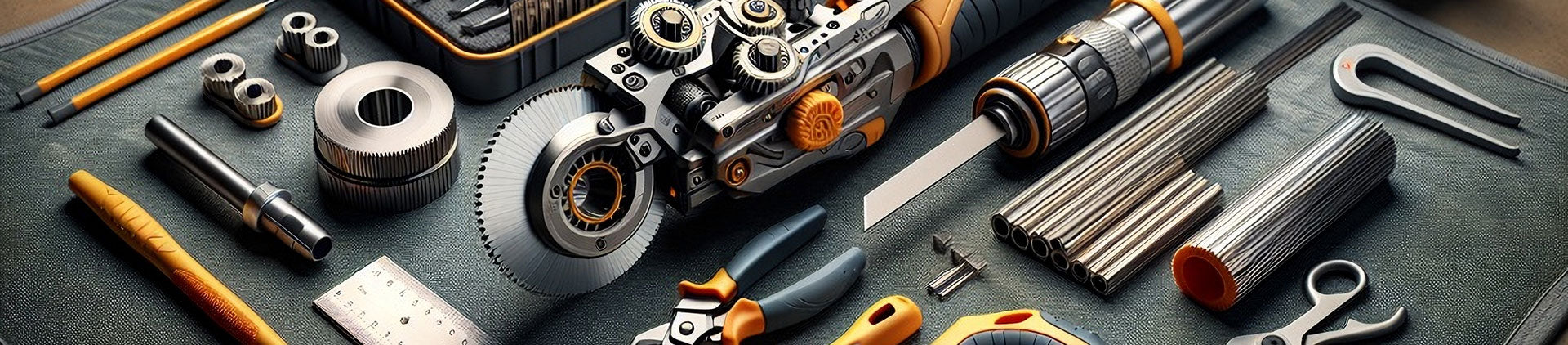 Close-up of a professional toolkit featuring various duct-cutting tools, including precision blades, scissors, and specialized pliers.