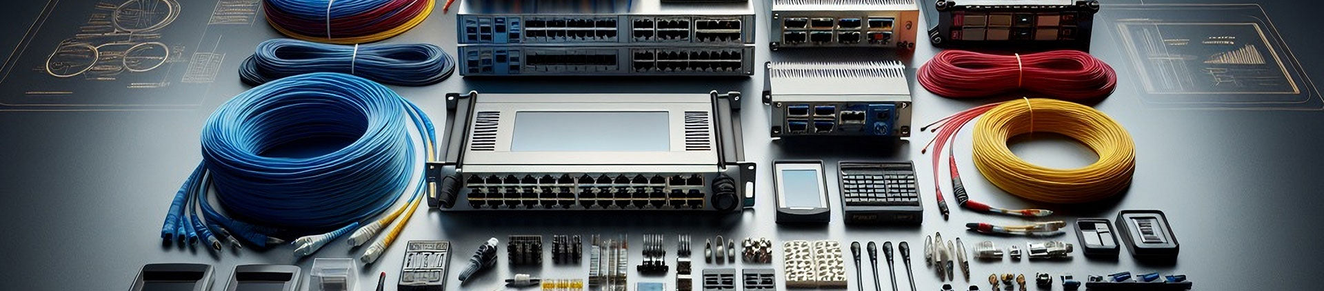 A neatly arranged collection of fiber optic accessories, including spools of colored cables, patch panels, connectors, and network tools, displayed on a modern surface.