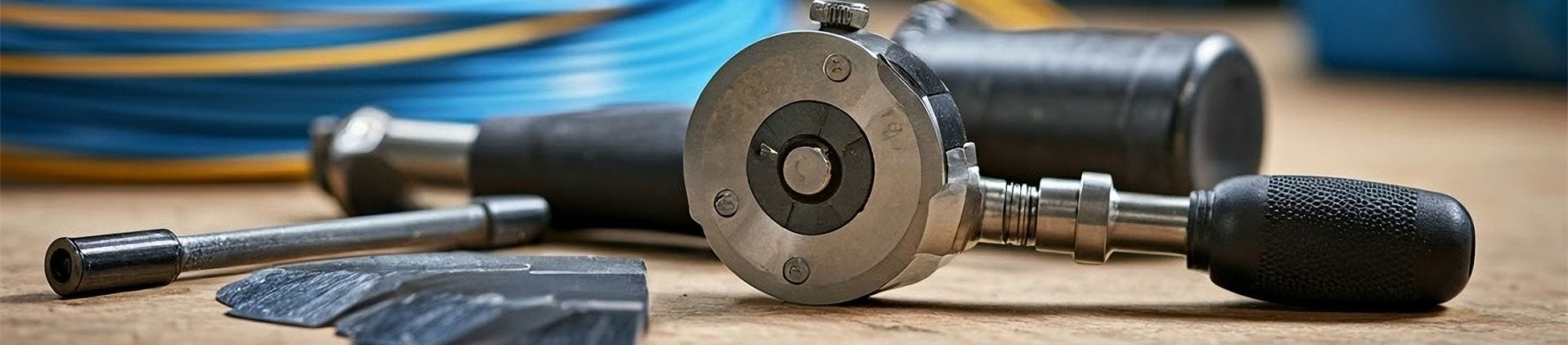 A close-up image of fiber optic slitting tools placed on a wooden surface, surrounded by precision blades and components, with blue fiber optic cables.