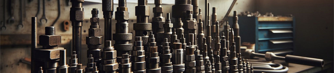 Close-up image of a variety of professional coax flaring tools neatly arranged in a workshop setting, showcasing their robust construction.