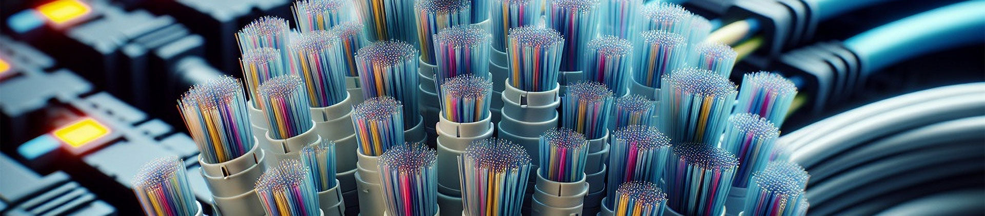 A close-up view of vibrant, multicolored fiber optic cables neatly bundled, highlighting their intricate arrangement and high precision.