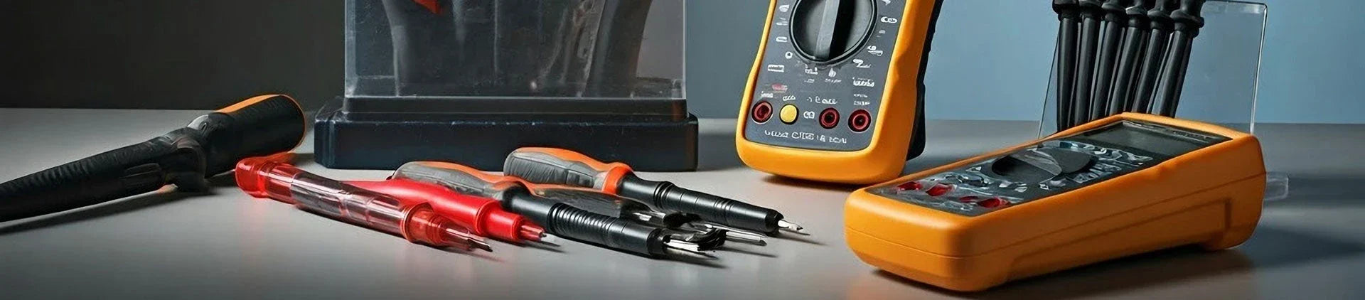 A collection of essential low-voltage tools including multimeters, screwdrivers, voltage testers, and insulated grips, arranged neatly on a tabletop.