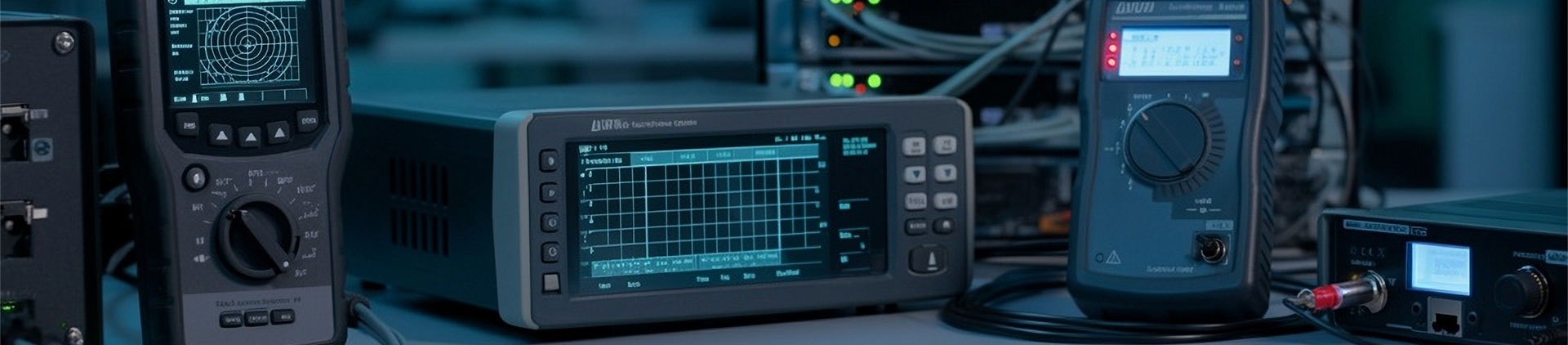 A close-up image showcasing professional-grade network test equipment, including advanced diagnostic tools and meters, arranged on a workbench.