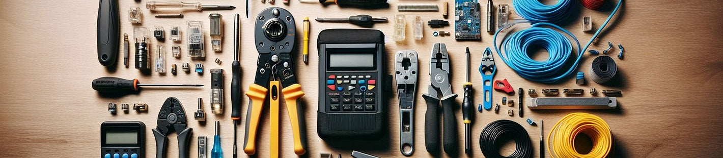 A neatly arranged set of network tools on a wooden surface, including crimpers, pliers, cable testers, screwdrivers, and rolls of colorful network cables.