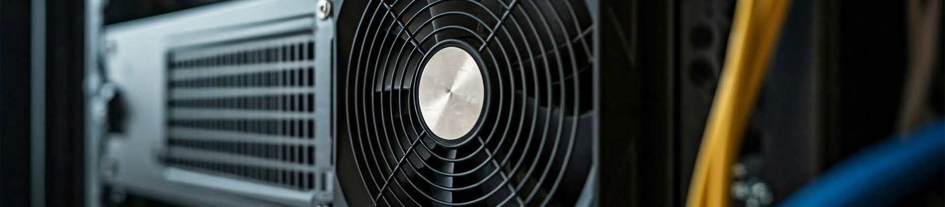 Close-up of a black cooling fan installed in a server rack with a protective grill, surrounded by yellow and blue network cables. 