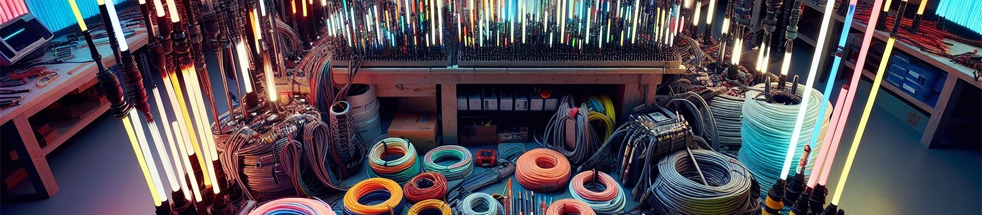 Close-up image of a vibrant workspace filled with various cables, tools, and lighted rods and poles, showcasing an organized setup for network installation projects.