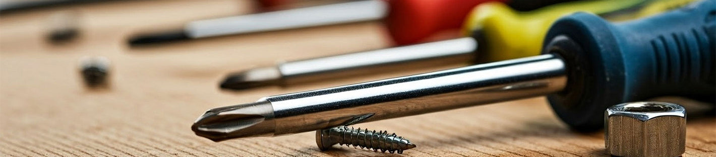 Close-up of various screwdrivers placed on a wooden surface, with screws and a nut in the foreground, showcasing precision tools for technical and repair work.