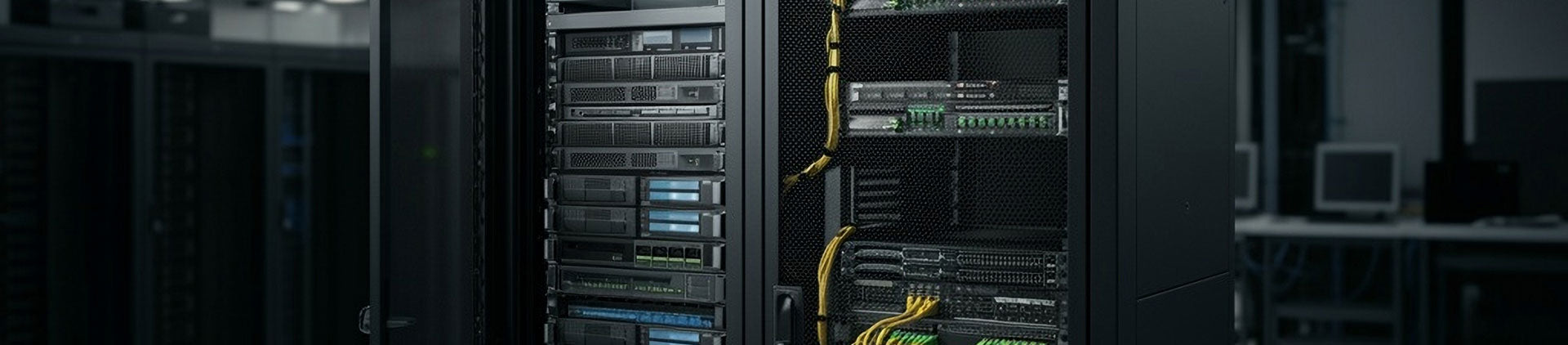 Two open racks showing neatly organized cables, active hardware with LED indicators, and mesh doors.