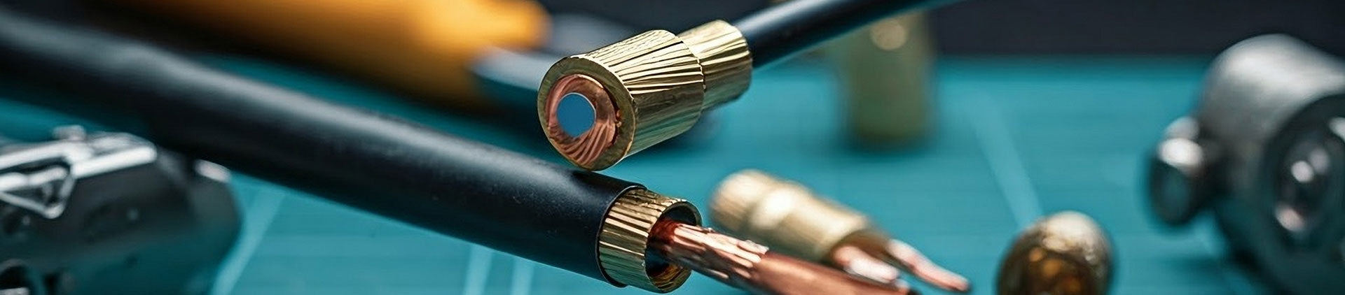 A close-up of coaxial cables and connectors being prepared for installation.