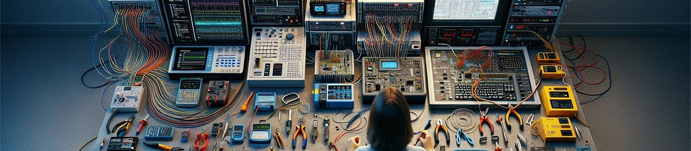 A high-tech workstation equipped with various testing and diagnostic equipment, including multimeters, oscilloscopes, cables, and tools, arranged neatly on a table.