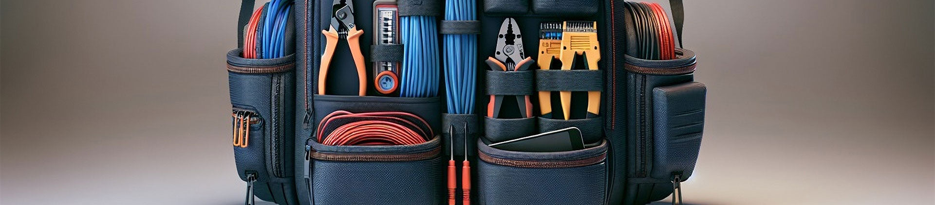 A well-organized tool backpack filled with networking tools and accessories, including pliers, wire cutters, cable rolls, and testing equipment, neatly arranged in dedicated compartments.