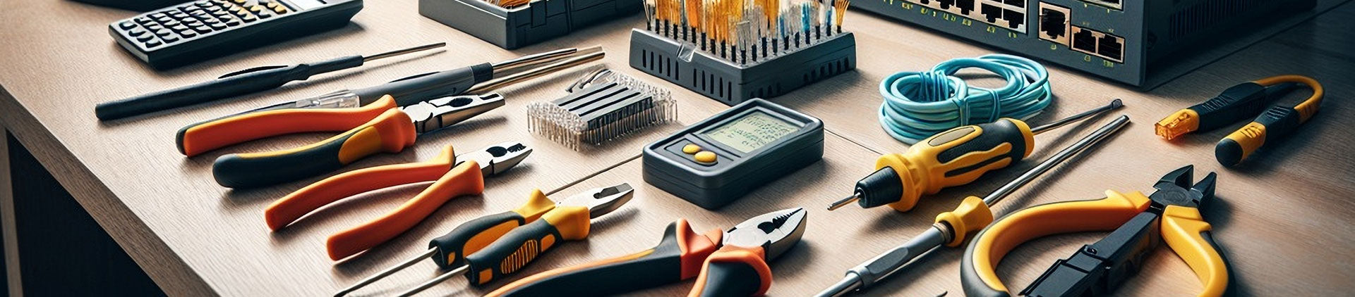 A variety of technical tools and equipment neatly organized on a wooden table, including screwdrivers, pliers, a cable tester, and ethernet cables.