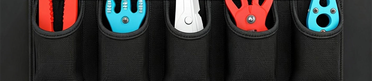 A close-up image showing a durable black tool pouch featuring multiple compartments holding colorful, specialized technical tools.