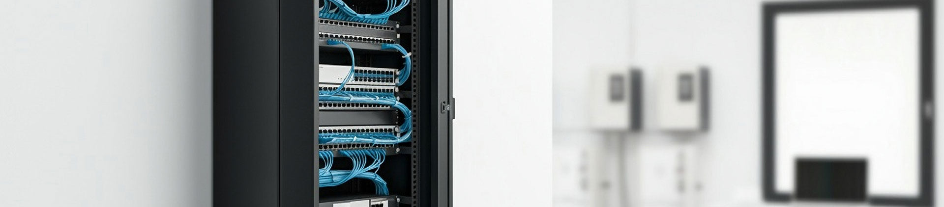 A wall-mounted black network cabinet showcasing neatly arranged patch panels, switches, and blue Ethernet cables.