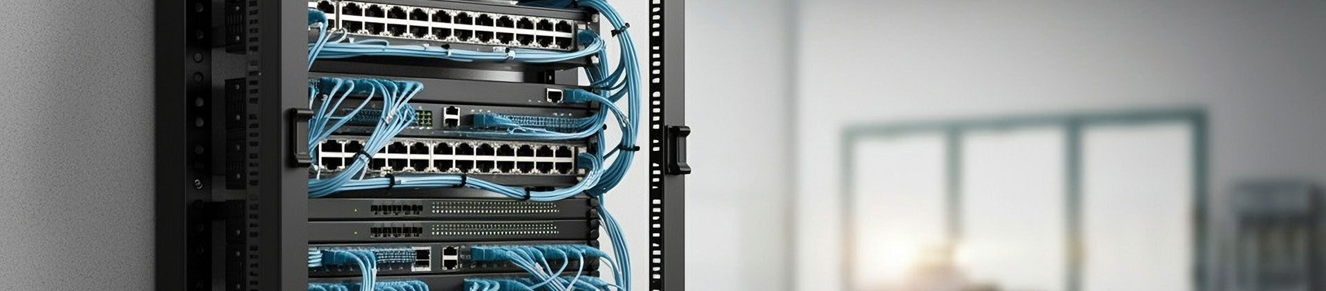 A close-up of a wall-mounted open-frame network rack filled with neatly organized patch panels.