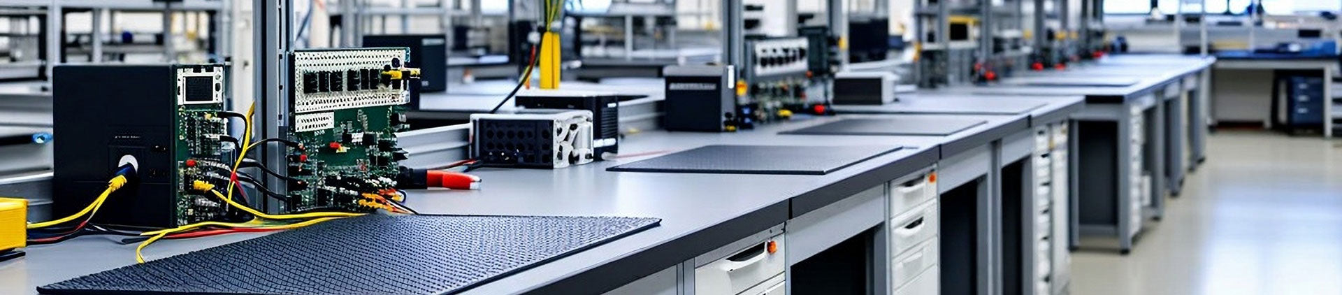 A long row of grey workstation benches in a bright electronics assembly lab, each equipped with ESD mats, circuit boards, and testing equipment.