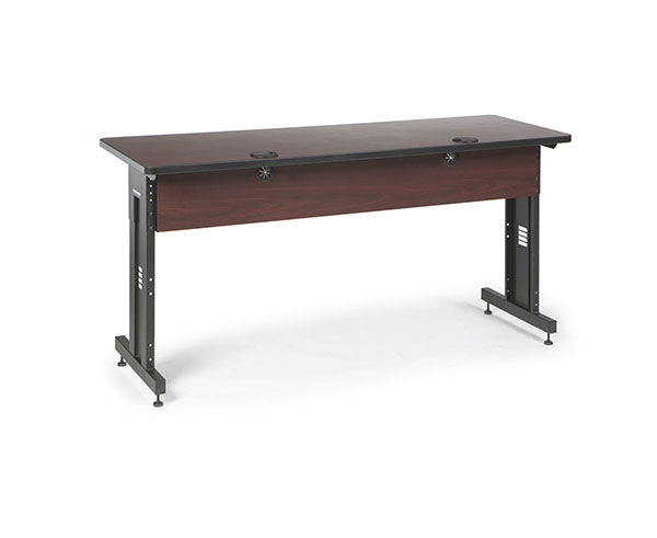 Sturdy training table with a black metal frame and rich African mahogany top