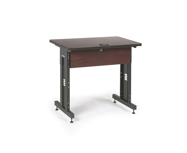 Minimalist training table with a sturdy African mahogany top and metal leg support
