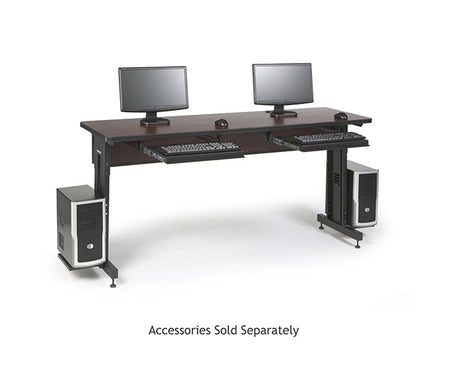 Office training table with dual monitor setup and African mahogany surface