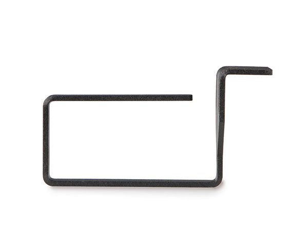 Black metal hook designed for the 1U Universal Wire Minder, displayed on white