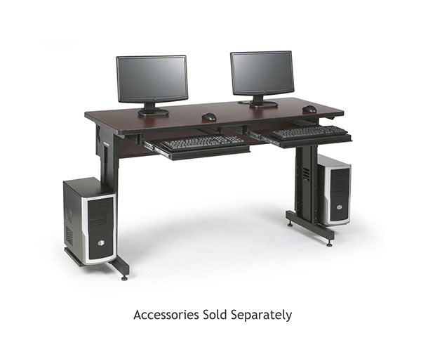Dual workstation setup with African mahogany training tables and computer monitors
