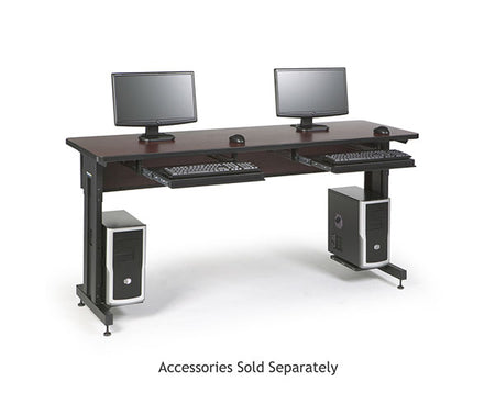 Pair of African mahogany training desks with computer monitors and keyboards