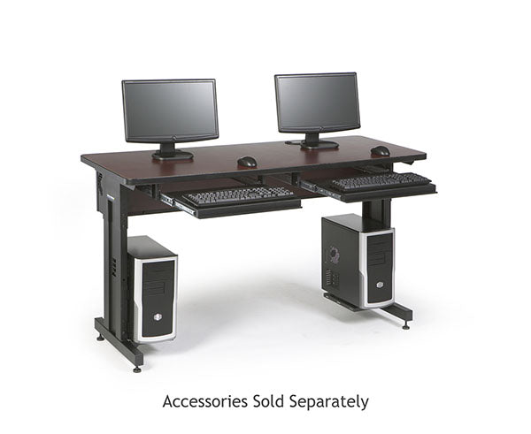 Workspace configuration with two African mahogany training tables, monitors, and keyboards