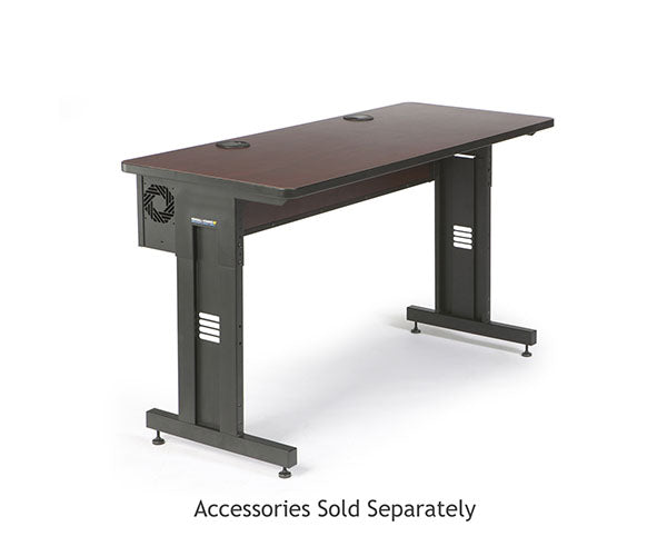 Training table with a black frame contrasting against an African mahogany top
