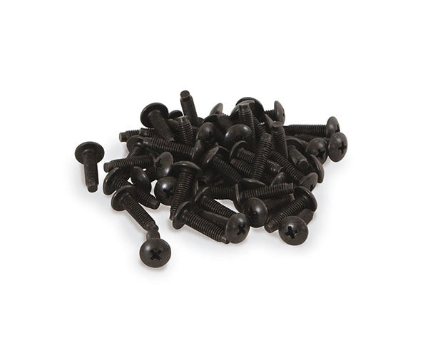 A pile of 12-14 rack screws on a white background