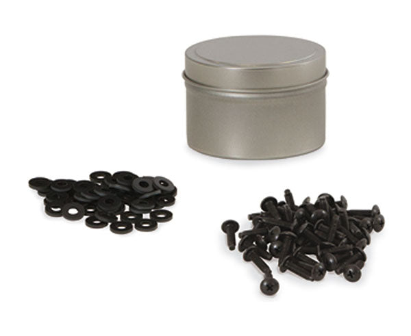 A storage tin filled with 10-32 rack screws next to a pile of washers