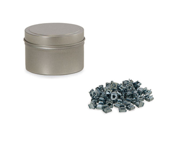 Open tin containing 10-32 cage nuts on white background