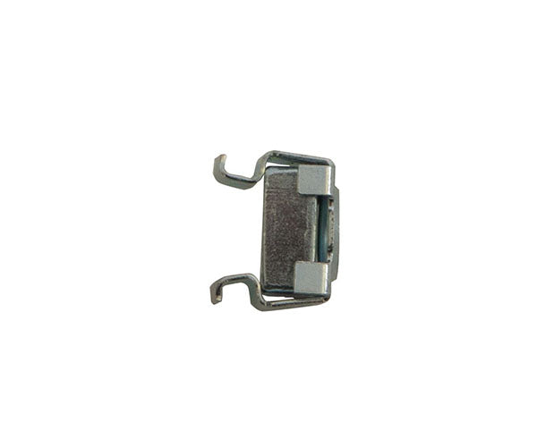 10-32 cage nut attached to a metal bracket on a white background