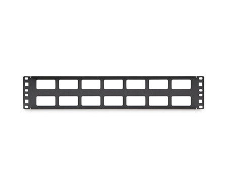 2U Cable Routing Blank mounted on a server rack with fourteen cable entry points