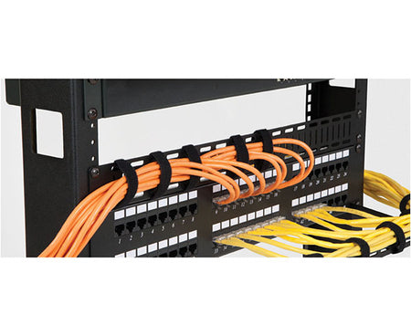 Installed 1U flat cable lacing panel in a server rack with cables organized on it