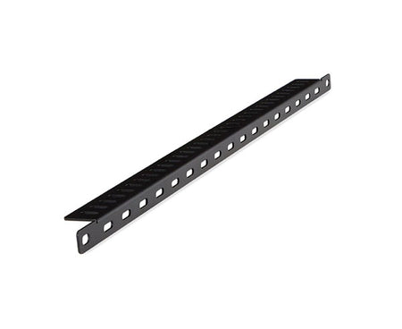 Angled view of a black flanged lacing bar designed for organizing cables