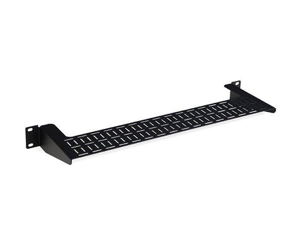 A 1U cable lacing shelf in black with a flat surface