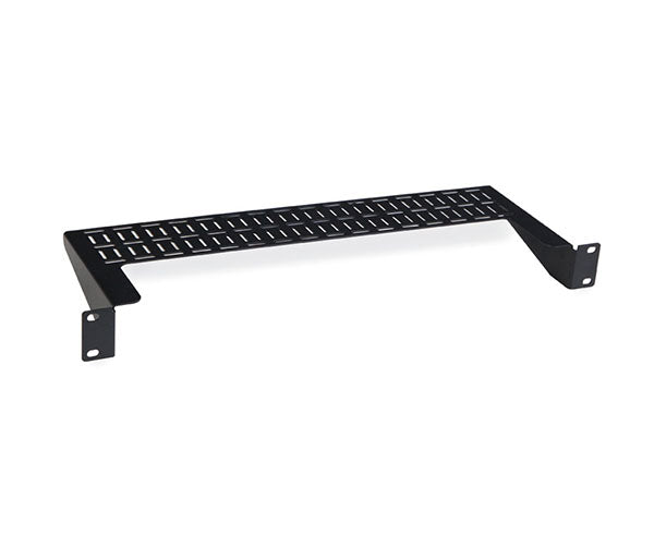 Rack-mountable 1U shelf with lacing bar for cable management
