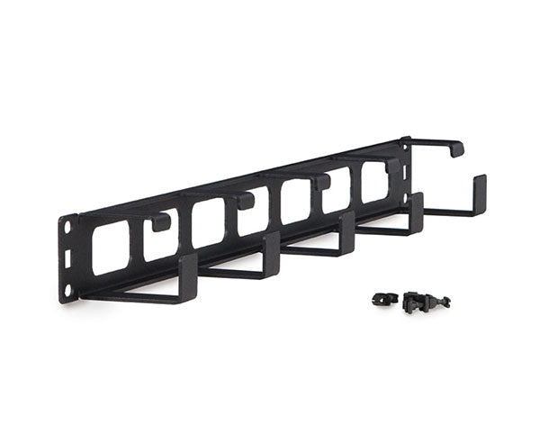 Black 1U rack cable organizer with five D-rings and tool-less mounting