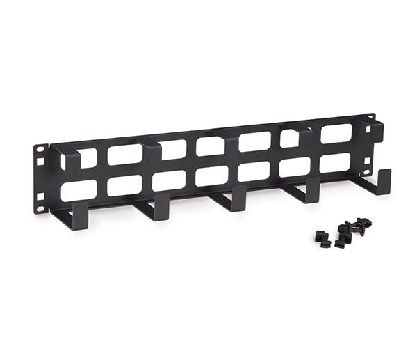 A black 2U rack mountable cable manager with mounting holes