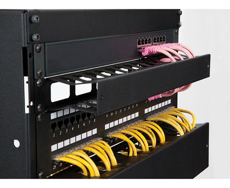 2U cable manager fully loaded with a mix of cables for organization