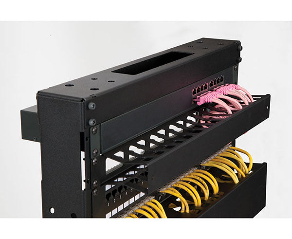2U cable manager with color-coded yellow and pink wires for easy identification