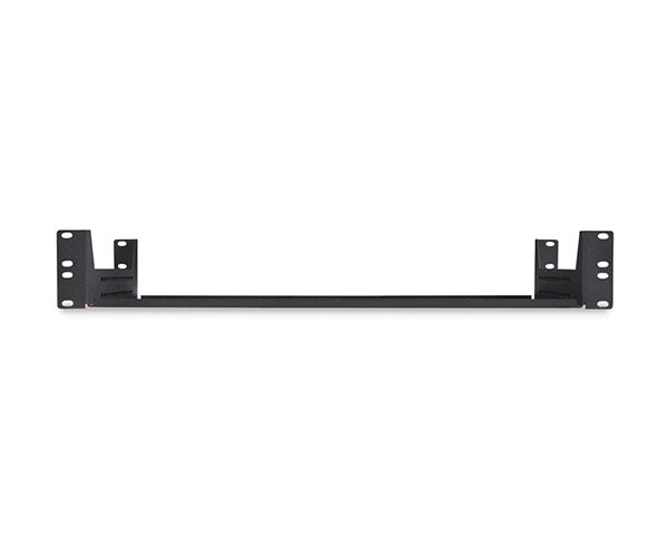 Black 2U metal shelf with four-point mounting capability
