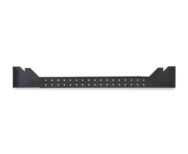 Detailed view of a black 2U rack shelf with multiple adjustment holes