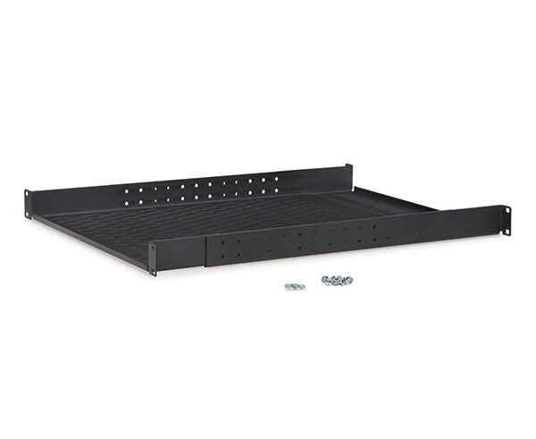 Angled view of the black 1U vented shelf with hardware