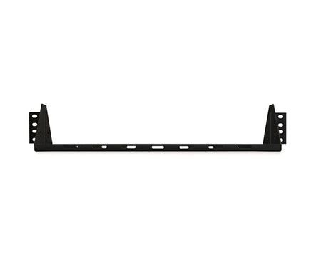 Front view of black 2U vented shelf for rack mounting
